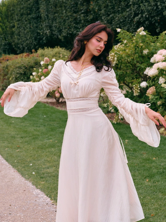 Romantic Ivory Long Sleeve Vintage Dress
