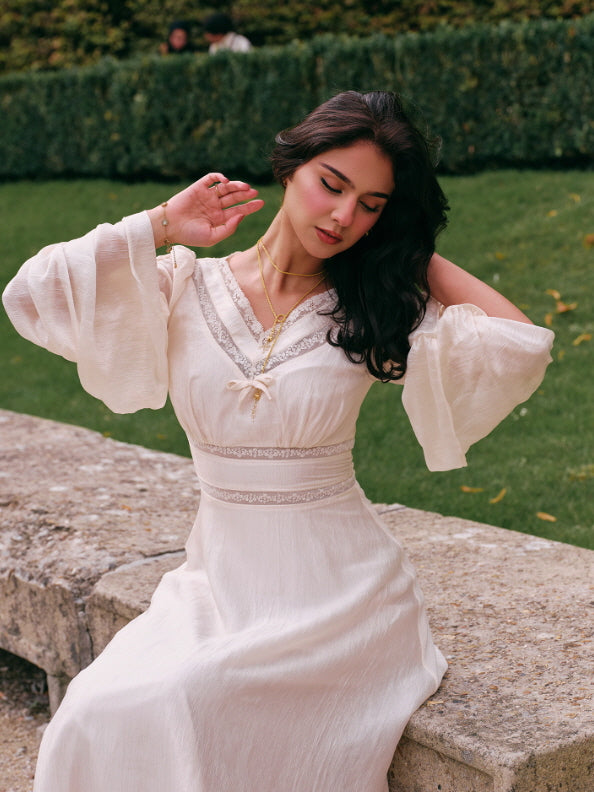 Romantic Ivory Long Sleeve Vintage Dress