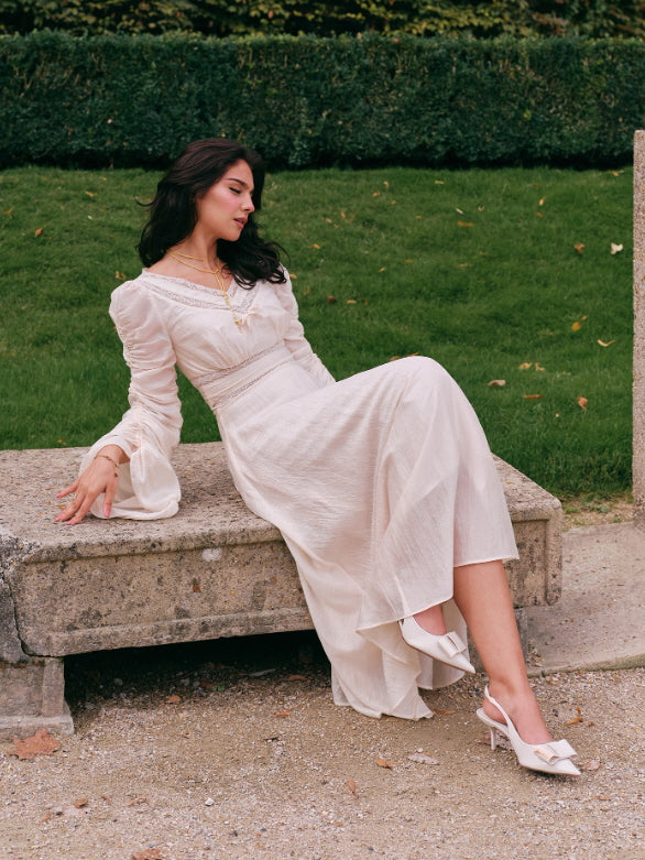 Romantic Ivory Long Sleeve Vintage Dress