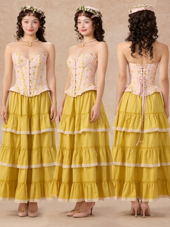 Pink Floral Lace Corset & Yellow Tiered Skirt