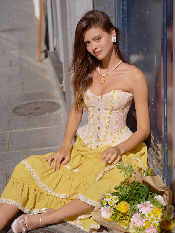 Pink Floral Lace Corset & Yellow Tiered Skirt