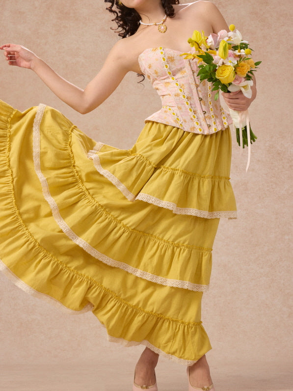 Pink Floral Lace Corset & Yellow Tiered Skirt