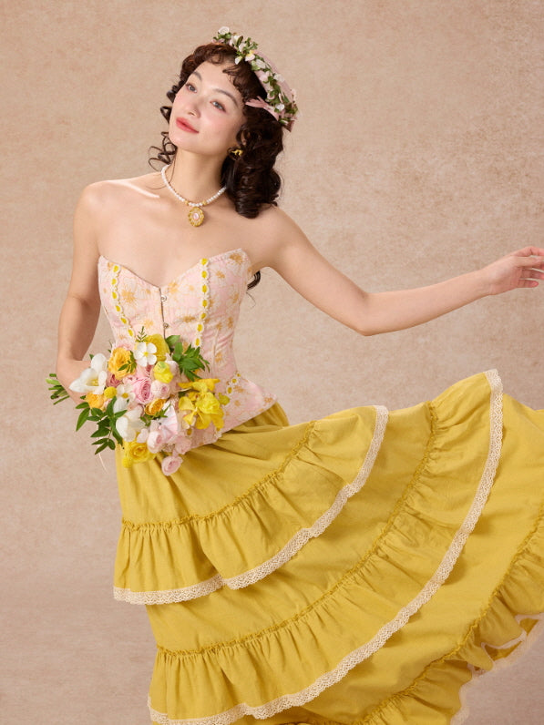 Pink Floral Lace Corset & Yellow Tiered Skirt