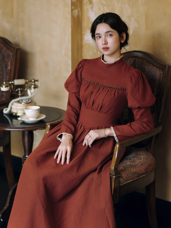 Brick Red Victorian Puff Sleeve Vintage Dress