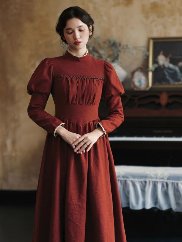 Brick Red Victorian Puff Sleeve Vintage Dress