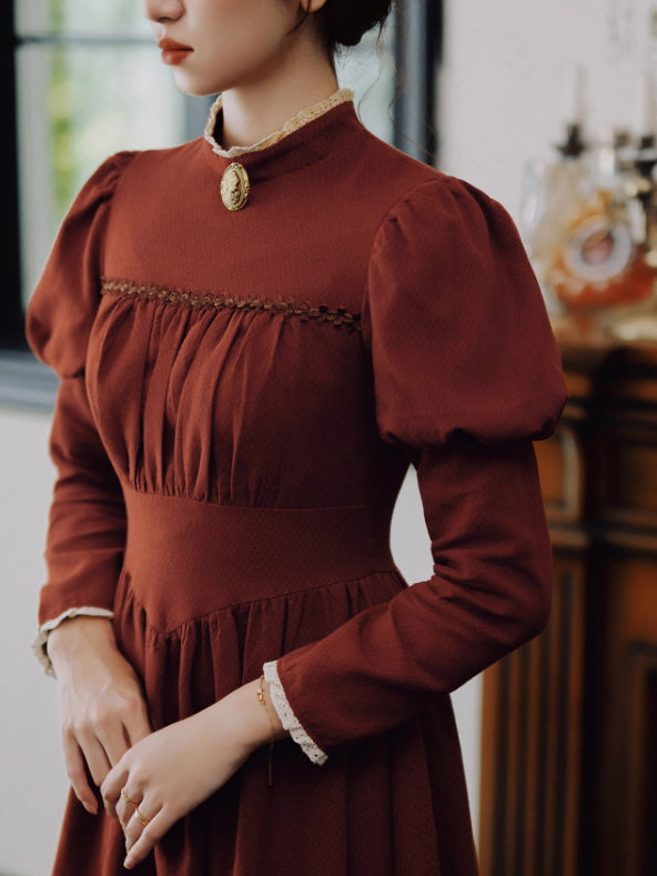 Brick Red Victorian Puff Sleeve Vintage Dress