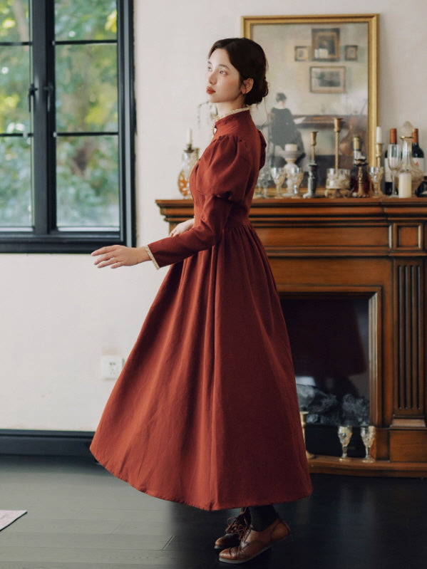 Brick Red Victorian Puff Sleeve Vintage Dress