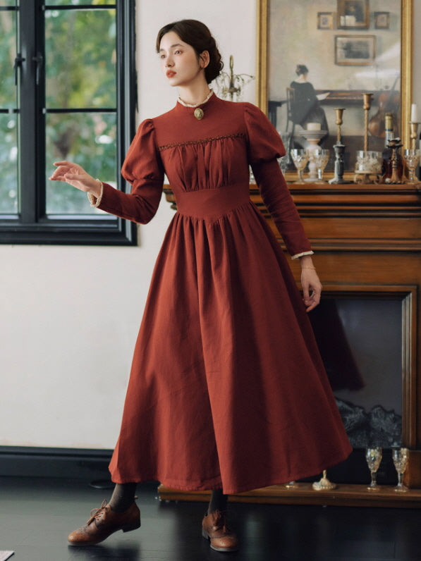 Brick Red Victorian Puff Sleeve Vintage Dress