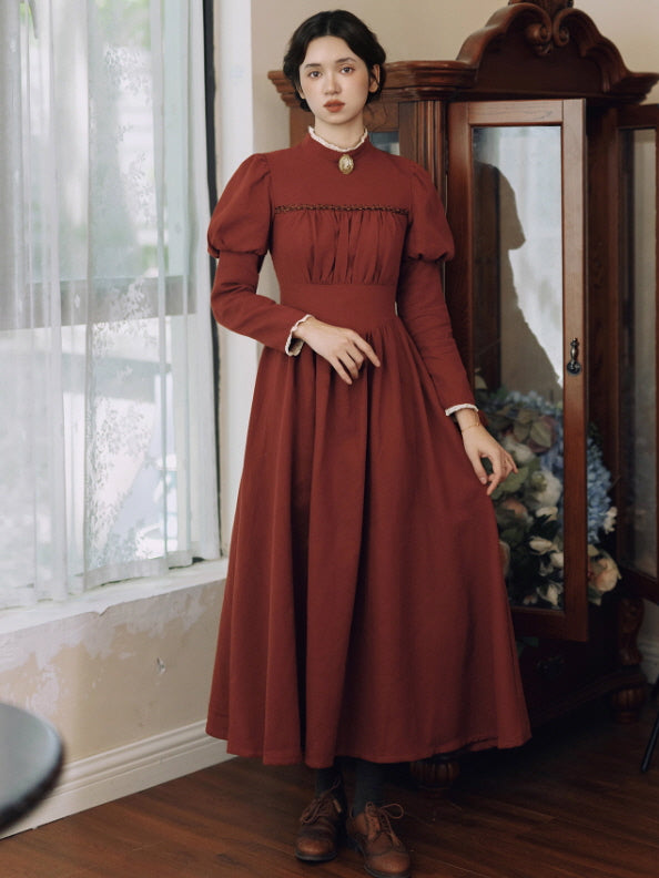 Brick Red Victorian Puff Sleeve Vintage Dress