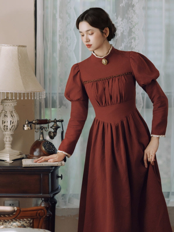 Brick Red Victorian Puff Sleeve Vintage Dress