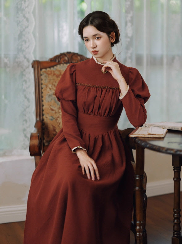 Brick Red Victorian Puff Sleeve Vintage Dress