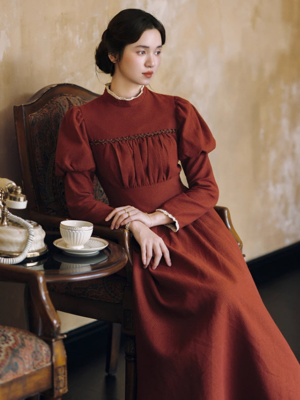 Brick Red Victorian Puff Sleeve Vintage Dress