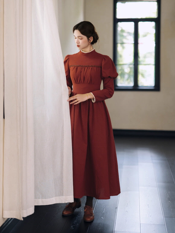 Brick Red Victorian Puff Sleeve Vintage Dress
