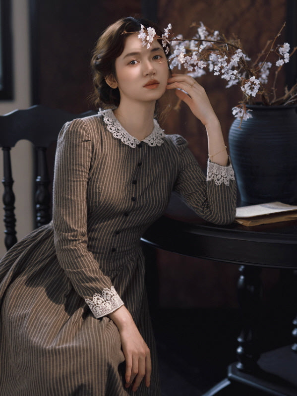 Striped Vintage Lace Collar Cottagecore Dress