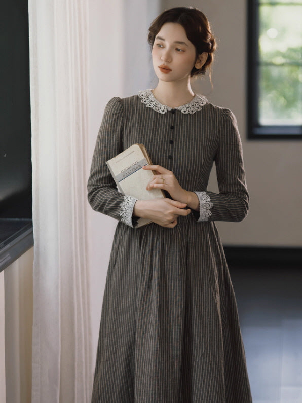 Striped Vintage Lace Collar Cottagecore Dress