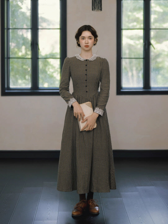 Striped Vintage Lace Collar Cottagecore Dress
