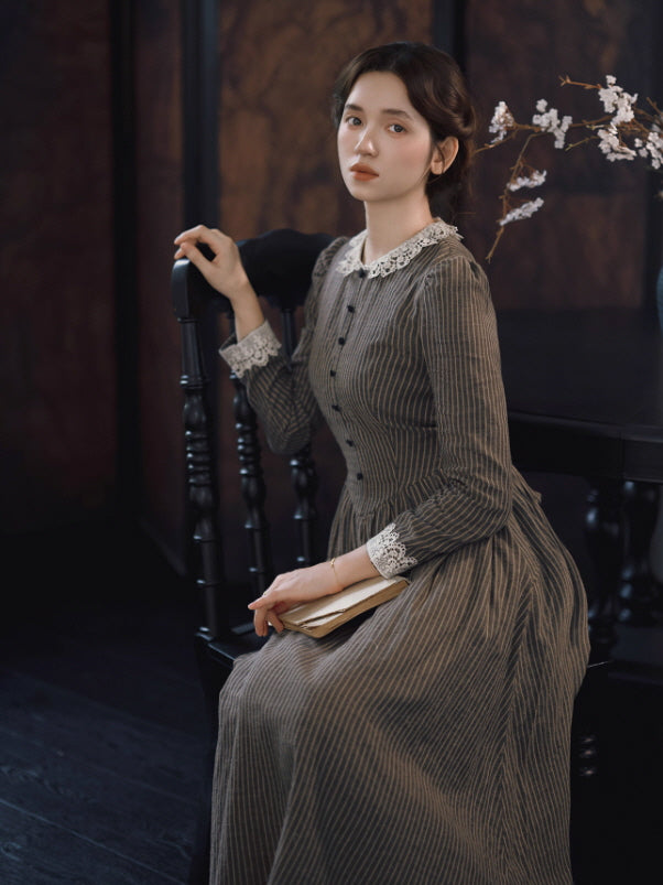 Striped Vintage Lace Collar Cottagecore Dress