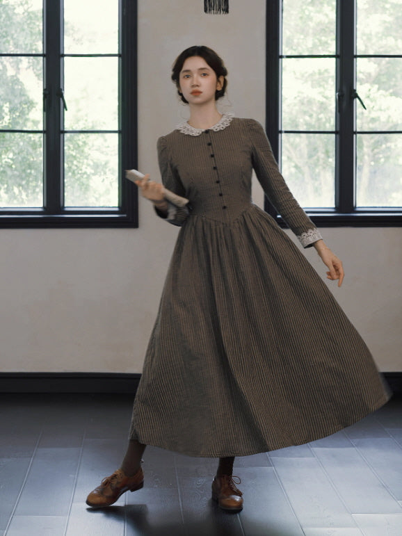Striped Vintage Lace Collar Cottagecore Dress