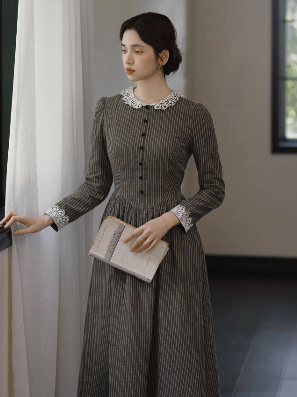 Striped Vintage Lace Collar Cottagecore Dress