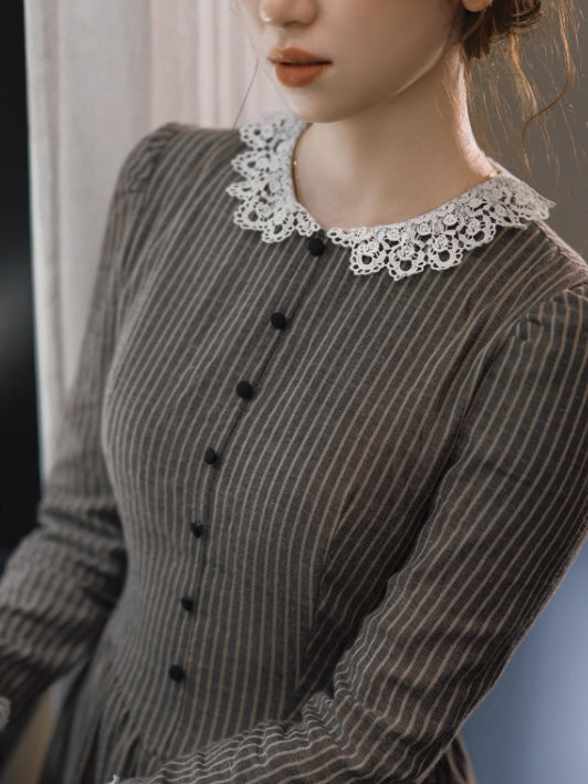 Striped Vintage Lace Collar Cottagecore Dress