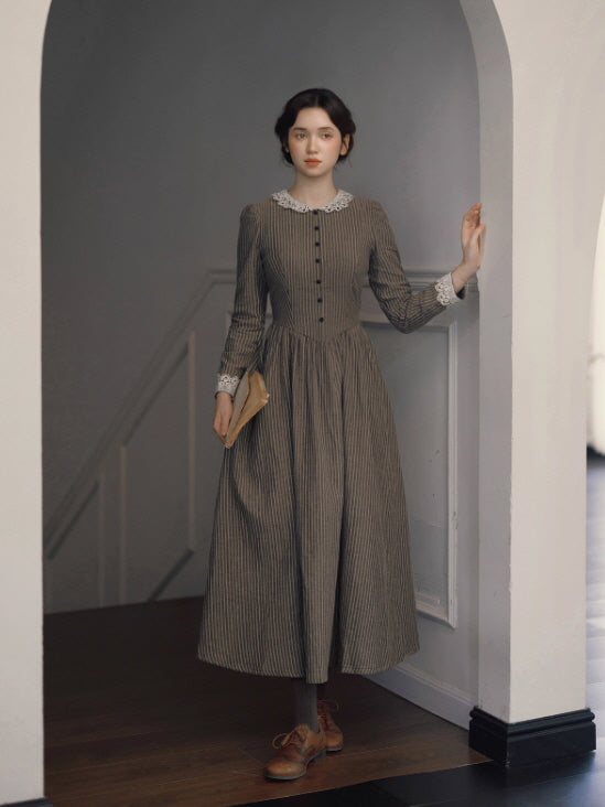Striped Vintage Lace Collar Cottagecore Dress