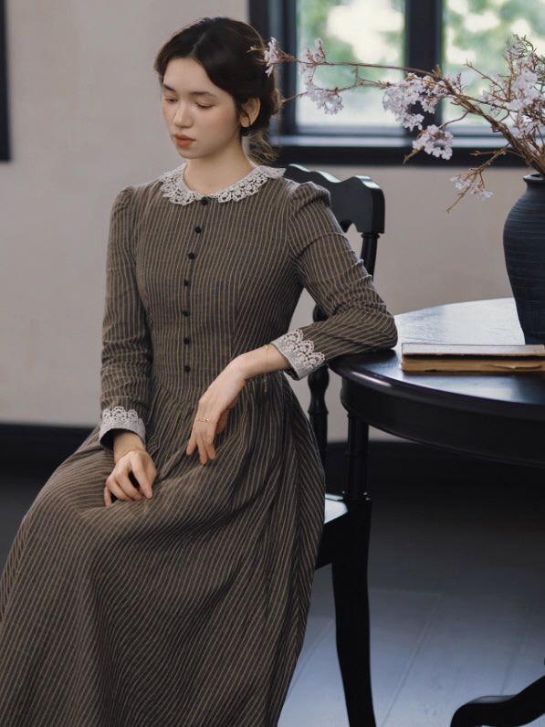 Striped Vintage Lace Collar Cottagecore Dress