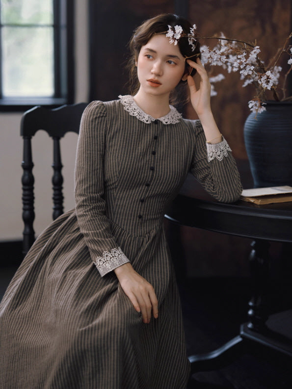 Striped Vintage Lace Collar Cottagecore Dress