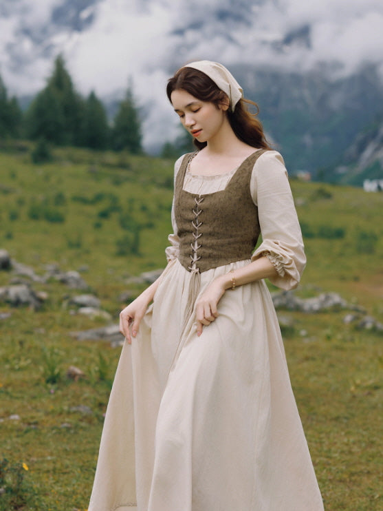 Rustic Fairytale Dress with Lace-Up Vest Set