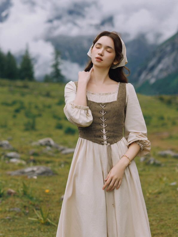 Rustic Fairytale Dress with Lace-Up Vest Set