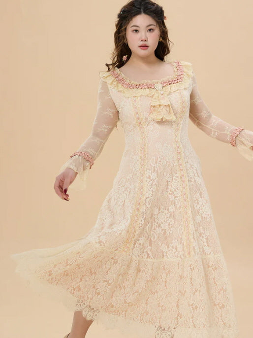Vintage Lace Ruffle Long Dress