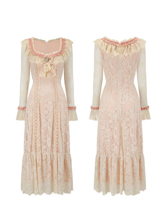 Vintage Lace Ruffle Long Dress