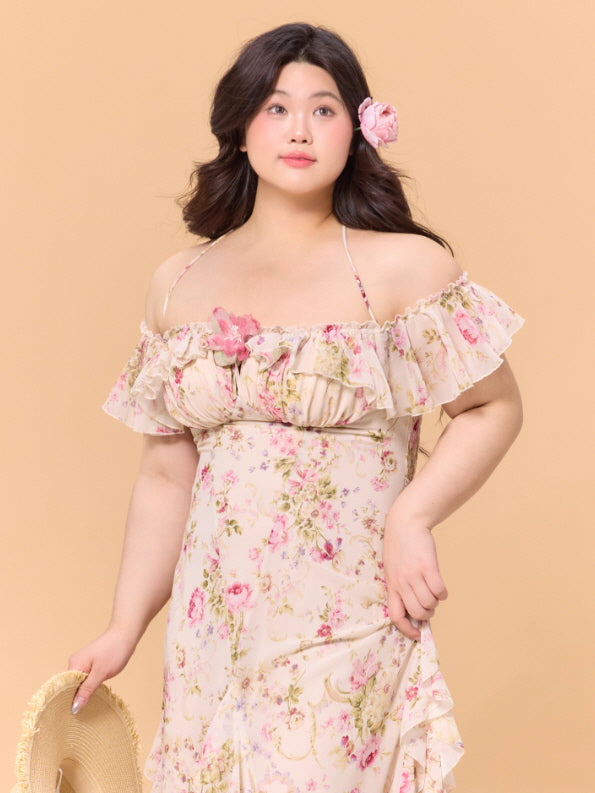 Romantic Blossom Ruffle Off-Shoulder Dress