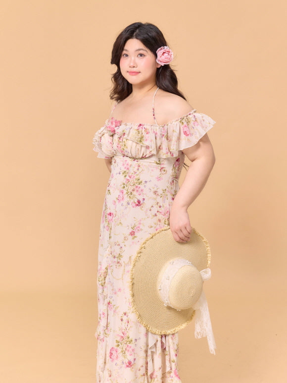 Romantic Blossom Ruffle Off-Shoulder Dress