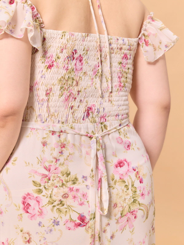 Romantic Blossom Ruffle Off-Shoulder Dress