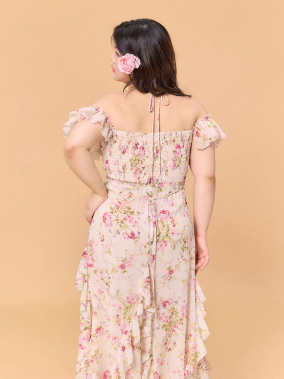 Romantic Blossom Ruffle Off-Shoulder Dress