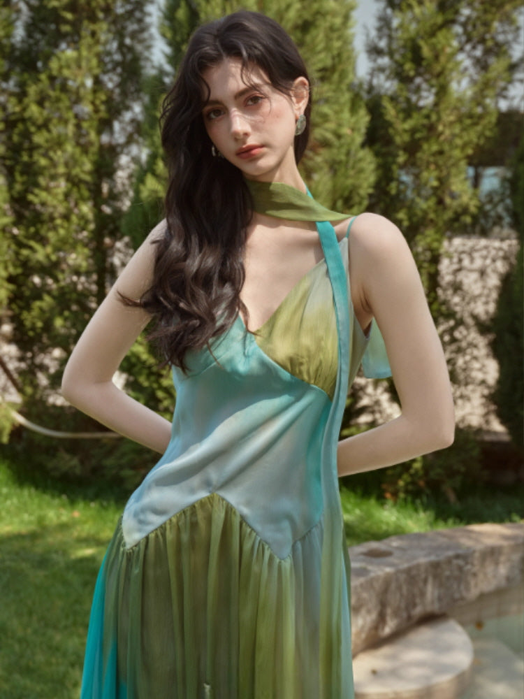 Ocean Breeze Gradient Maxi Dress – Chiffon Fairycore Outfit Cardigan / L