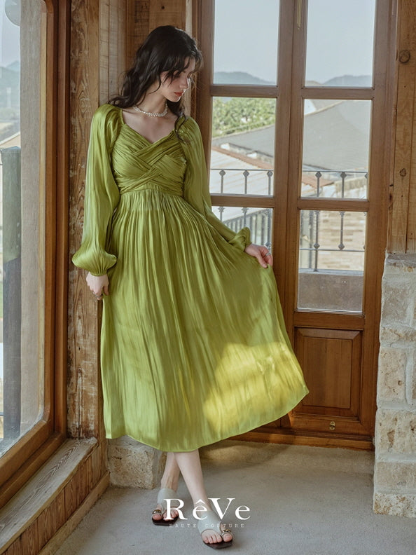 Emerald Glow Vintage Satin Dress