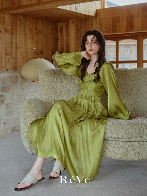 Emerald Glow Vintage Satin Dress