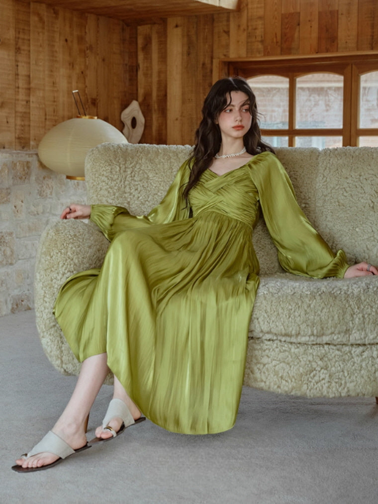 Emerald Glow Vintage Satin Dress
