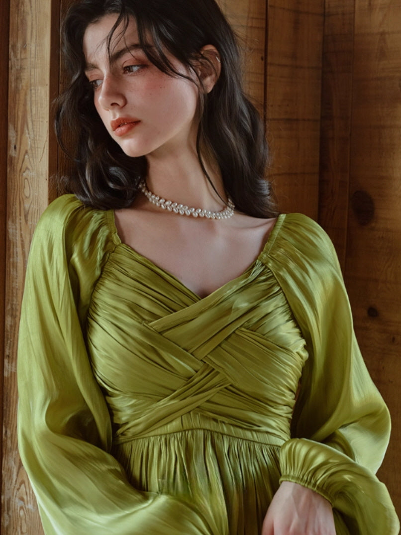 Emerald Glow Vintage Satin Dress