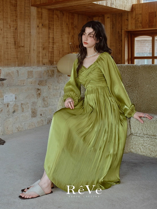 Emerald Glow Vintage Satin Dress