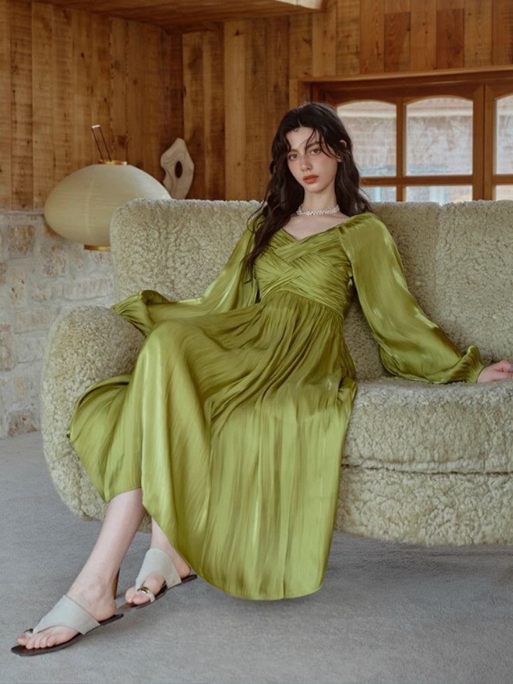 Emerald Glow Vintage Satin Dress