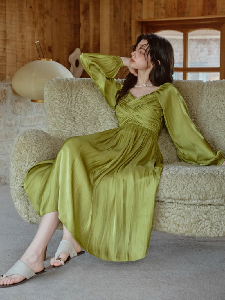 Emerald Glow Vintage Satin Dress