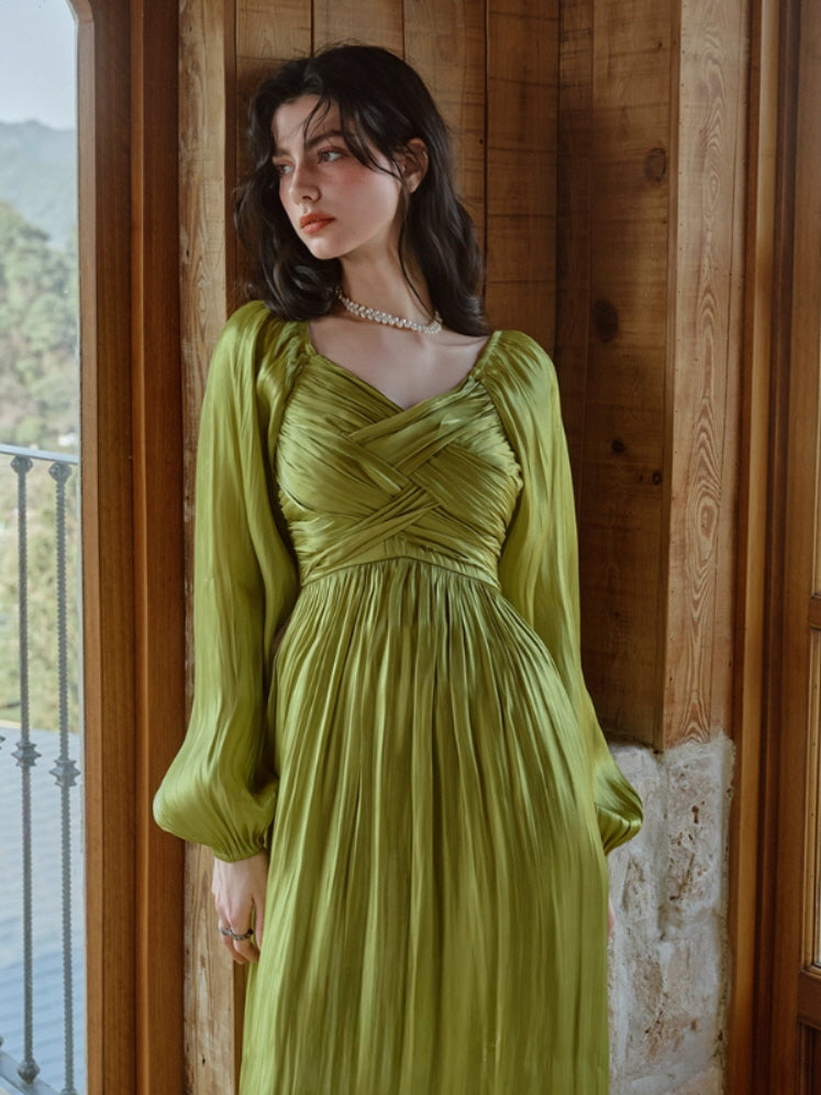 slim fit dress slacks Green Pleated Satin Long Sleeve Dress