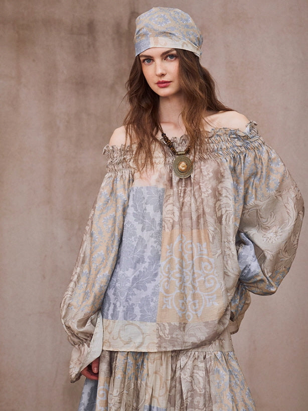 Vintage Patchwork Off-Shoulder Blouse & Skirt
