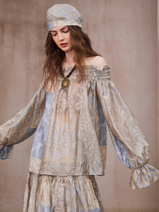 Vintage Patchwork Off-Shoulder Blouse & Skirt