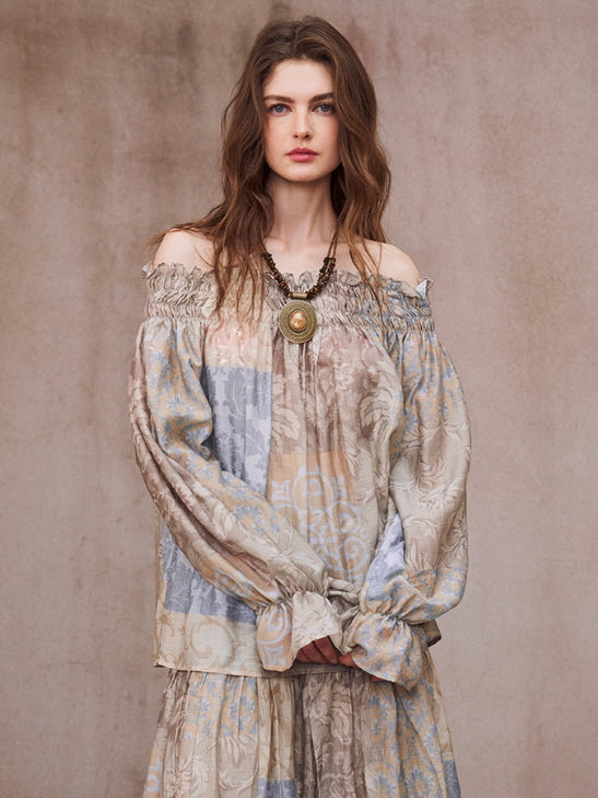 Vintage Patchwork Off-Shoulder Blouse & Skirt
