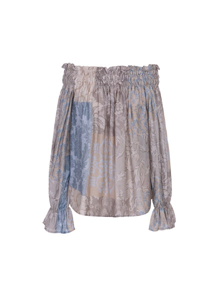 Vintage Patchwork Off-Shoulder Blouse & Skirt