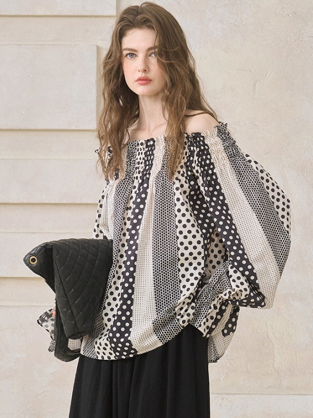 Vintage Polka Dot Off-Shoulder Blouse