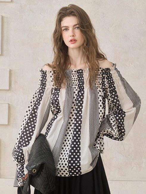 Vintage Polka Dot Off-Shoulder Blouse